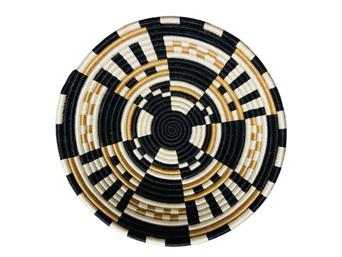 The African Home Goods | African Basket  Rwanda Woven Block Staccato Bowl- Tan white & Black & Brown