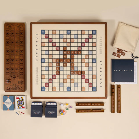 WS Game Company | 3-in-1 Premium Game Collection: Scrabble, Trivial Pursuit & Cribbage