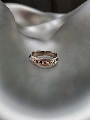 18K White Gold, Rainbow Sapphire Eternity 'Pinched' Ring