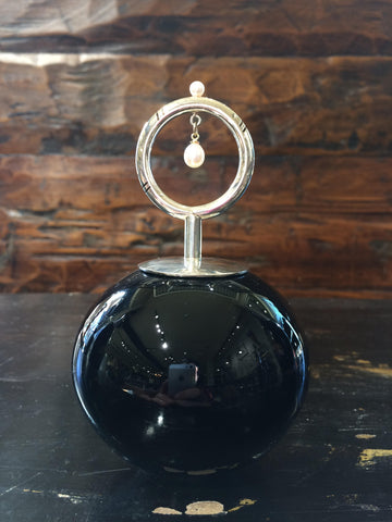 Sterling Silver & 14K White Gold Plate, Pearl, Black Blown Glass Perfume Bottle