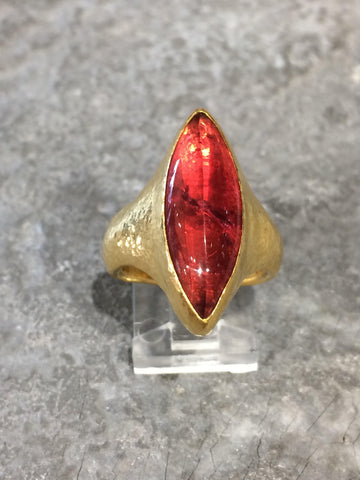 Gurhan | 24K Gold Hand Hammered & Pink Tourmaline Cabachon Marquis Ring
